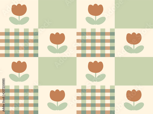 Tulip Pattern Squares: A charming and whimsical pattern featuring stylized orange tulips alternating with soft green and cream squares and checkered plaid sections.