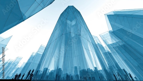 Abstract blue crystalline tower in a futuristic city environment.
