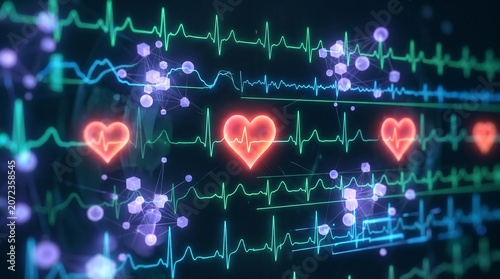 Abstract Medical Background with Glowing Heart Icons and Digital ECG Pulse Monitor Lines for Cardiology and Healthcare Technology