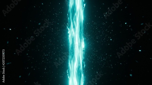 Vertical Cyan Energy Beam with Glowing Particles and Light Effects Isolated on Black Background