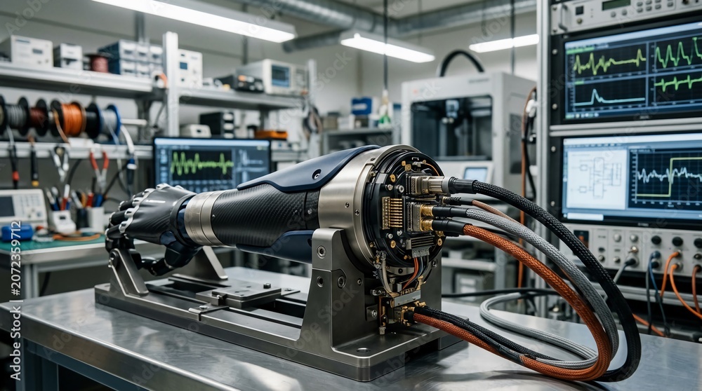 Fototapeta premium Advanced prosthetic arm prototype in research lab with diagnostic monitors