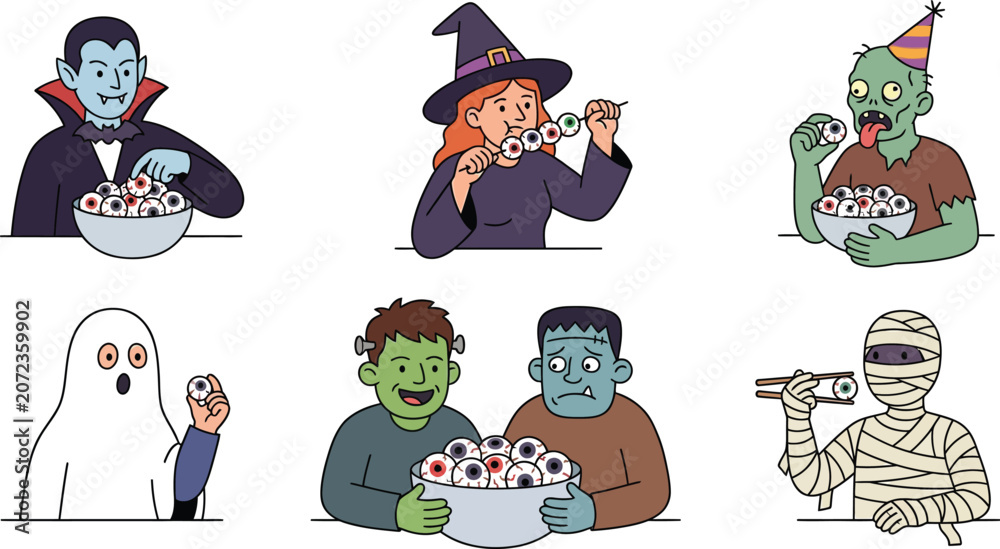 Fototapeta premium Collection of funny Halloween characters enjoying spooky eyeball treats perfect for party invitations social media or seasonal promotions