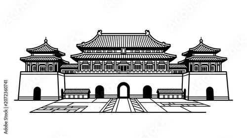 Traditional Chinese Palace Architecture with Towers and Gates.
