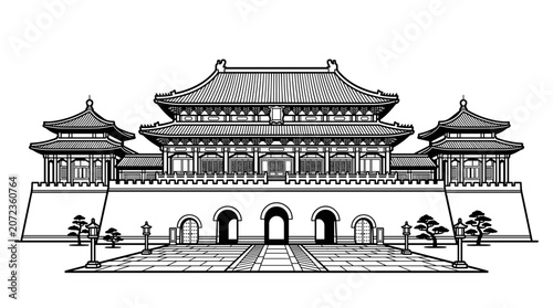 Traditional Chinese Palace Architecture Detailed Illustration.