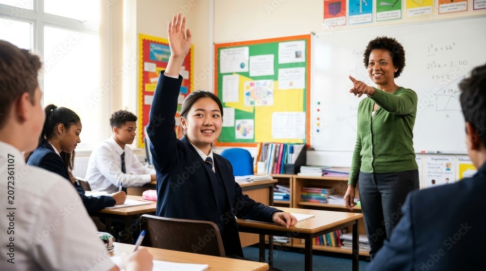 Fototapeta premium Student Raising Hand in Classroom During Lesson with Teacher