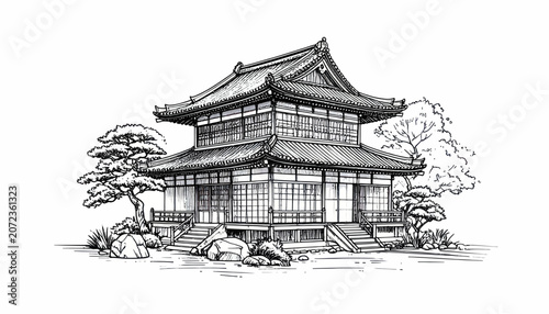 Quadro su tela Traditional Japanese pagoda temple architecture line drawing.