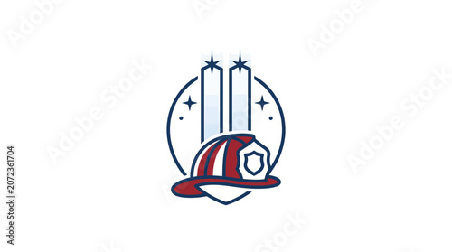 9/11 Memorial Icon: Firefighter Helmet and Twin Towers Silhouette