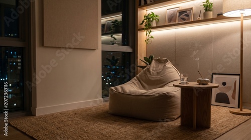 Cozy relaxation corner inside modern studio with beige bean bag chair