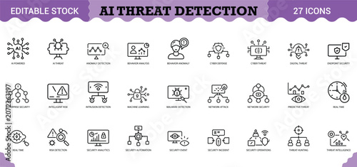 Tableau sur toile PrintAI Threat Detection Icon Set - 27 Editable Vector Icons for Cybersecurity & Anomaly Monitoring