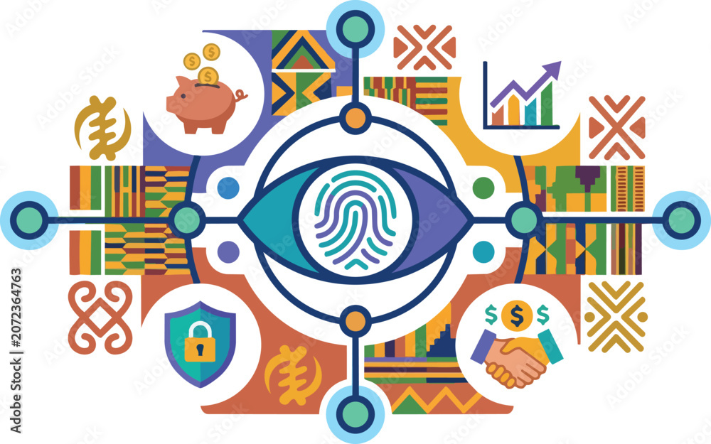 Fototapeta premium Modern Flat Design Vector Illustration of Digital Identity and Financial Security with Biometric Authentication biometrics fingerprint finance technology trust handshake