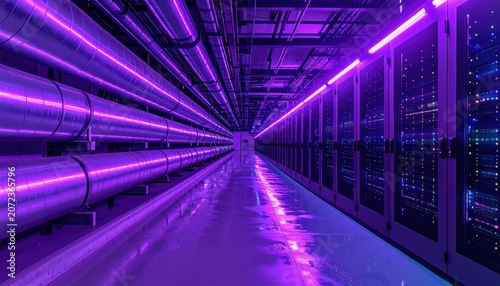 Purple lit server room interior technology.