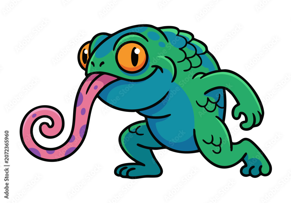 Obraz premium Funny Chameleon Sticking Out Tongue Cartoon Vector Illustration for Wildlife Mascot and Animal Character Design