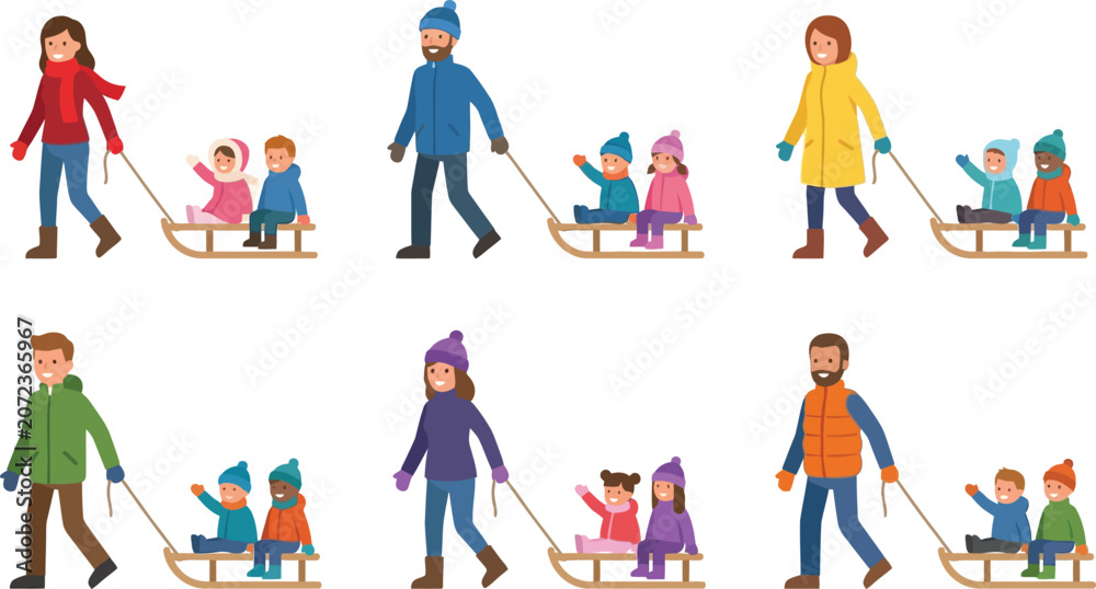 Fototapeta premium Families pulling children on sleds in winter flat vector illustration for seasonal concepts and holiday designs isolated on white
