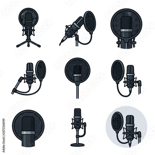 Collection of Professional Studio Microphone Icons with Pop Filters and Stands for Podcasting