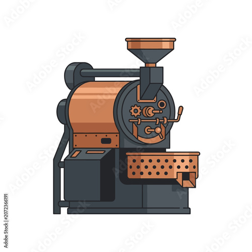 industrial flat vector coffee roaster machine with vintage brass and charcoal metallic design