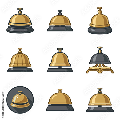 Flat vector illustration set of classic hotel service bells for traveler reception