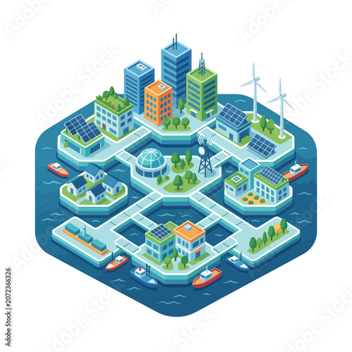Dynamic isometric illustration of an advanced eco-city floating on water, showcasing sustainable living with renewable energy integration