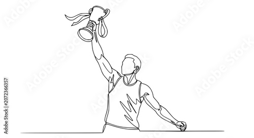 Foto Winner holding trophy, continuous line art, celebration, achievement, sports vic