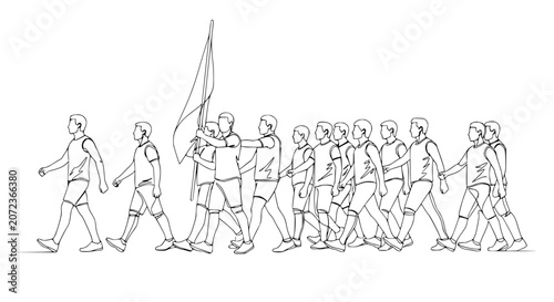 Fotografie Group of men marching with flag, continuous line drawing, unity and teamwork con