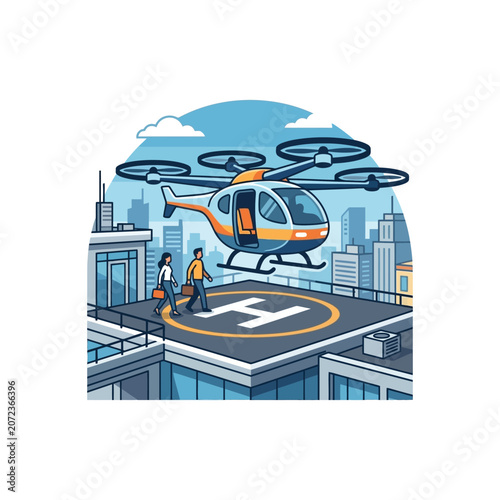 Urban air taxi service with people boarding a futuristic helicopter on a helipad