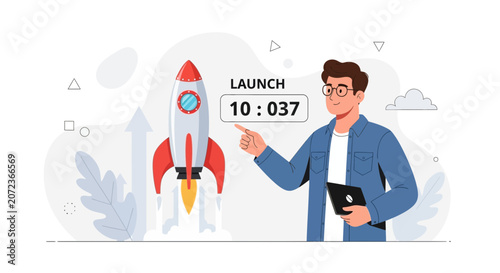 Man points to rocket launch countdown timer, representing startup success, business growth, and new beginnings.