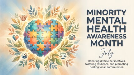 Minority mental health awareness month illustration with puzzle heart