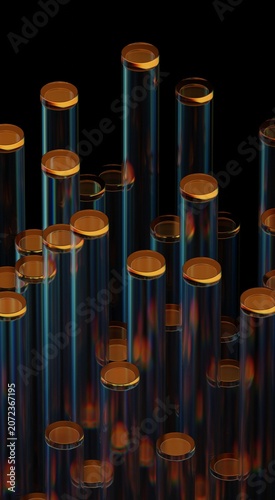 Neon light holographic gradient on a glass geometric structure shape, 3D abstract minimalist iridescent reflections, vertical 3d render