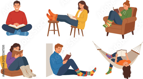 Diverse people reading books in cozy settings illustration of relaxation and leisure perfect for lifestyle and education concepts