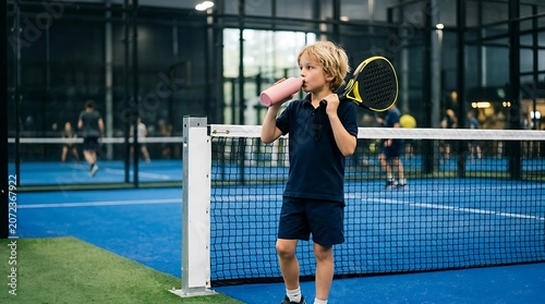 Junior Padel Player Hydration Break Close Up Portrait Indoor — Blond Child Curious Expression Water Bottle, Racket Shoulder, Net Foreground, Glass Court Bokeh — Kids Sport Lifestyle & Youth Athletic