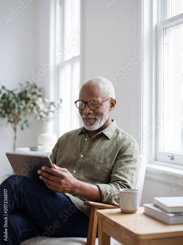 Black senior man reading on a digital tablet device at home in his living room