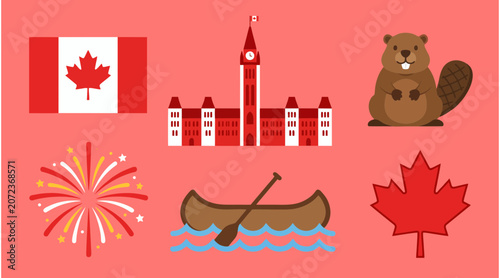 Bild auf Leinwand Flat vector illustration showcasing canadian symbols including the national flag