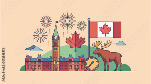 Quadro su tela Canadian vector illustration featuring parliament buildings and a moose with a n