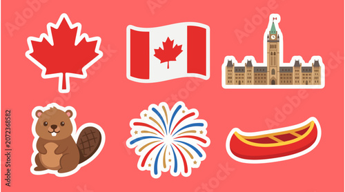 Tableau sur toile Collection of vibrant Canadian themed vector stickers featuring a maple leaf fla