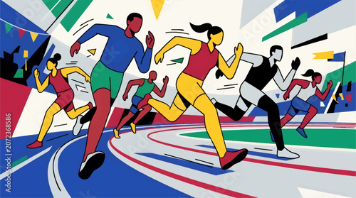 Billede på lærred Diverse Athletes Competing in a Flat Vector Race on a Track, Dynamic Motion with