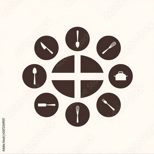 Brown Circular Service Icon Set With Central Cross Symbol