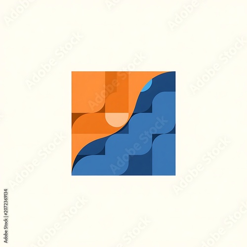 Abstract Orange Blue Square Logo With Wavy Block Pattern