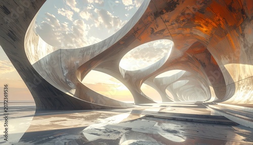 Futuristic, flowing architectural interior with organic shapes, lit by a soft sunset