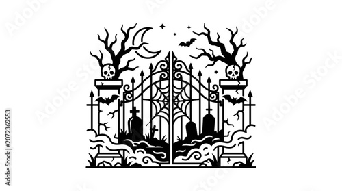 Spooky Halloween Cemetery Gate with Moon and Bats.