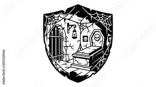 Spooky Halloween Crypt Scene Inside Shield Emblem.
