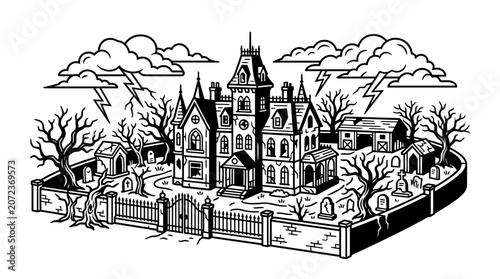 Spooky Haunted Mansion with Graveyard and Lightning Storm.