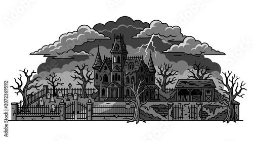 Spooky old haunted mansion house.