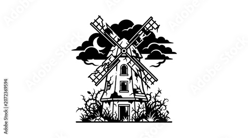 Spooky Old Windmill Silhouette Under Moonlit Clouds.