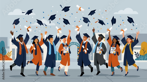 Foto Diverse Graduating Students in Academic Regalia Celebrating Graduation, Tossing