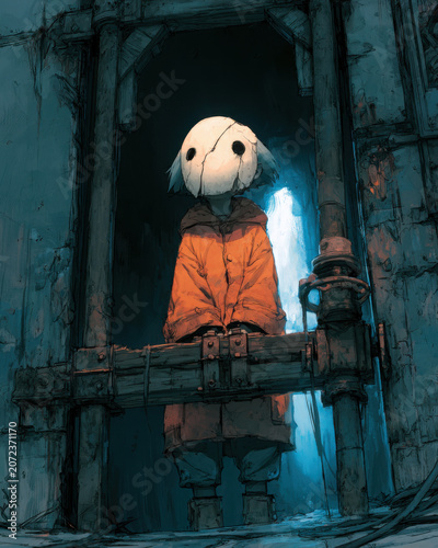 A mysterious figure wearing an oversized orange coat and a cracked, white mask stands under a dark, stone archway with a blue light glowing behind.