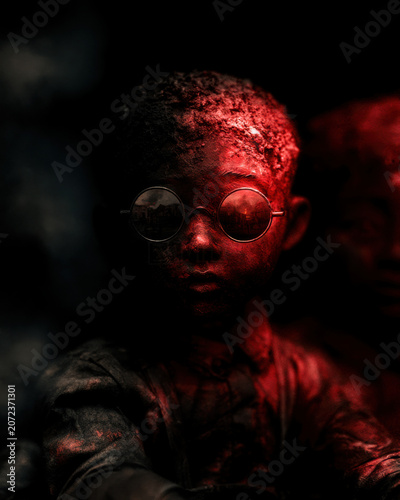 A close-up portrait of a young child covered in soot or mud, wearing round glasses that reflect a burning fire or destruction in the darkness.