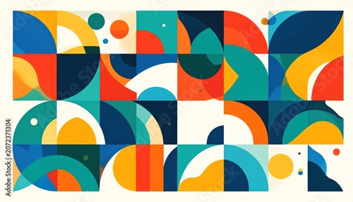 Abstract geometric composition with colorful circles and semicircles.