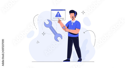Technical Support Agent with Wrench and Warning Sign Icon, Concept of Troubleshooting and Customer Service