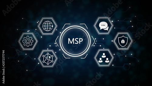 Tableau sur toile Minimalist msp concept interconnected gears, charts, and on dark blue background
