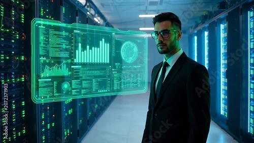Man in suit near server racks with hologram