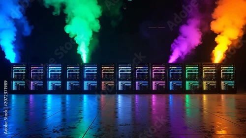 Colorful smoke and illuminated server racks